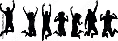 Group of people jumping in celebration silhouette vector showing happiness, success, teamwork, unity, freedom, joy, motivation, and energy