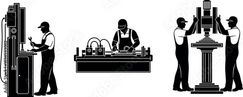 Industrial workers operating heavy machinery in factory setting, showcasing mechanical engineering, teamwork, maintenance, and manufacturing process in action