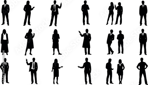 Professional Business People Silhouettes in Formal Attire Standing and Gesturing for Corporate, Marketing, Teamwork, Diversity, and Office Presentation Use