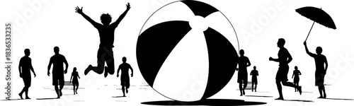 Silhouette beach scene with oversized ball, playful people, summer fun, umbrella, jumping, walking, surreal vector illustration for stock content
