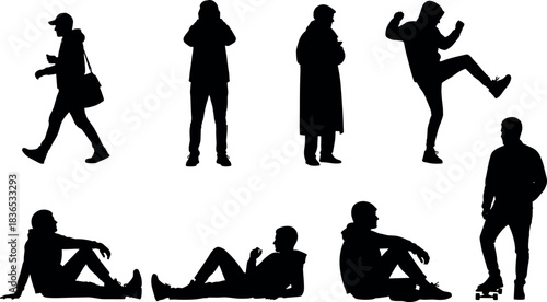 Silhouette collection of diverse people in motion, walking, sitting, skateboarding, posing, relaxing, lifestyle concept for urban vector design
