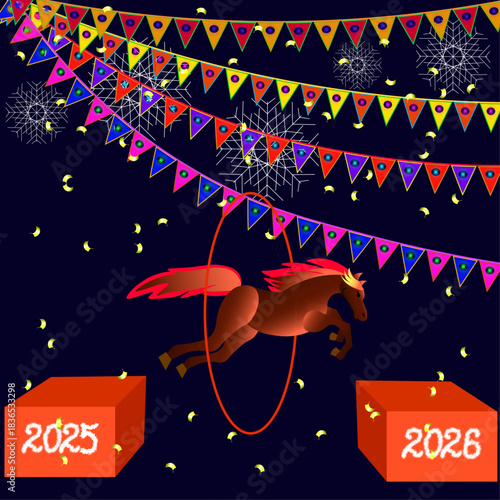  A fiery horse jumps from one pedestal with the number 2025 to another pedestal with the number 2026