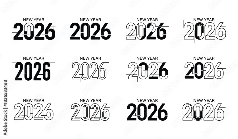 Obraz premium Twelve New Year 2026 Typography Designs with Different Styles and Line Weights Keywords: 2026, new year, typography, design, graphic, text, number, celebration, holiday, event, date, calendar