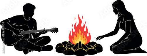 Silhouette of Two People Around Campfire Playing Guitar and Warming Hands in Outdoor Night Camping Scene with Stylized Flames and Logs