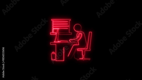 Red Neon Silhouette of Person Working at Desk with Computer and Trash Can on Black Background office