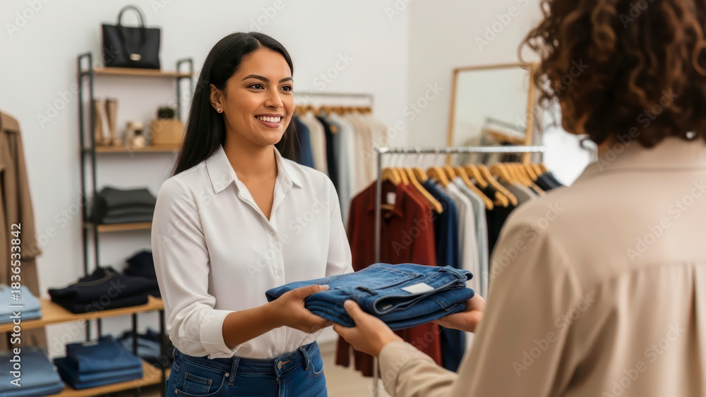 Fototapeta premium A smiling Latina shop assistant provides excellent customer service, handing folded jeans to a customer in a bright fashion boutique.