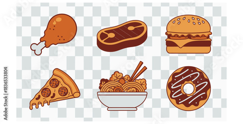 Assortment of fast food items including burger pizza steak donut chicken and noodles