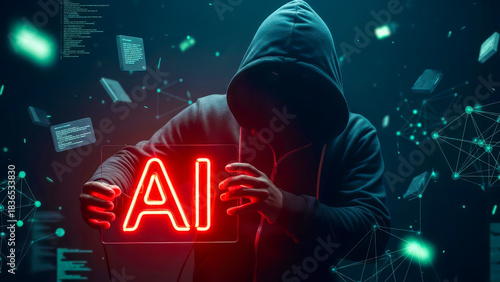 Mysterious Hooded Figure Holding Glowing Red AI Sign, Symbolizing Artificial Intelligence Risks, Digital Scams, and Cyber Threats in a Dark, Technological Landscape