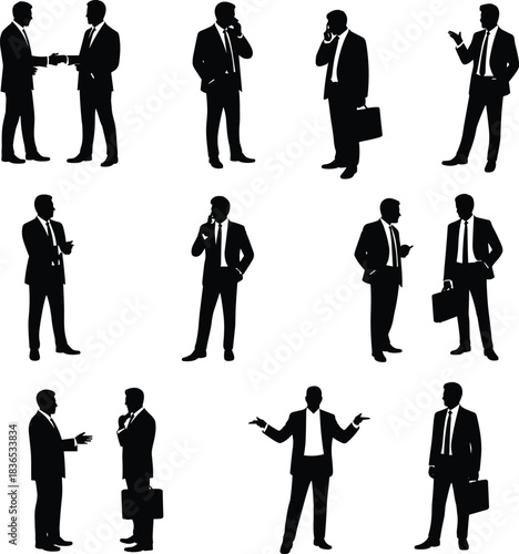 Collection of businessman silhouettes in formal attire talking, negotiating, walking and gesturing, representing communication, leadership and corporate activities for design