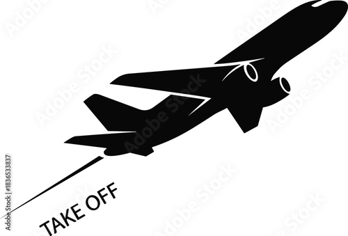 Bold silhouette of ascending airplane taking off with dynamic upward motion trail representing aviation travel speed power elevation graphic design