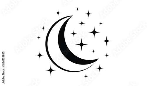Crescent Moon and Stars Icon on White Background Keywords: moon, crescent moon, stars, night, sky, celestial, astronomy, space, twinkle, sparkle, shine, dark, evening, midnight, dream, sleep