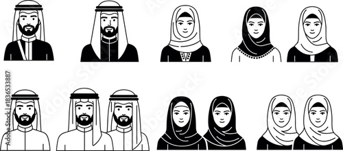 Traditional Middle Eastern People in Cultural Attire, Hijab and Keffiyeh Styles, Diverse Ethnic Faces, Islamic Clothing Vector Illustration Set