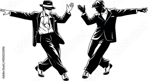 Vintage jazz dancers in suits performing energetic synchronized swing dance pose, expressive retro movement, black and white vector illustration style.