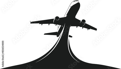 Dynamic silhouette of commercial airplane taking off with bold upward motion trail representing travel aviation power speed departure ascension