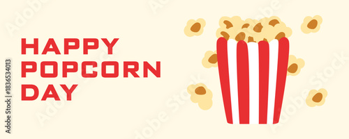 Happy Popcorn Day banner with popcorn bucket and falling popcorn kernels on a bright red background. Festive flat design illustration for World Popcorn Day celebration and cinema-themed promotions