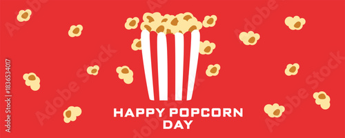 Happy Popcorn Day banner with popcorn bucket and falling popcorn kernels on a bright red background. Festive flat design illustration for World Popcorn Day celebration and cinema-themed promotions