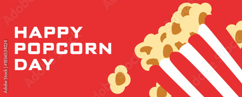 Happy Popcorn Day banner with popcorn bucket and falling popcorn kernels on a bright red background. Festive flat design illustration for World Popcorn Day celebration and cinema-themed promotions