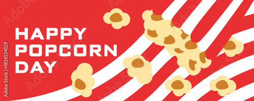 Happy Popcorn Day banner with popcorn bucket and falling popcorn kernels on a bright red background. Festive flat design illustration for World Popcorn Day celebration and cinema-themed promotions