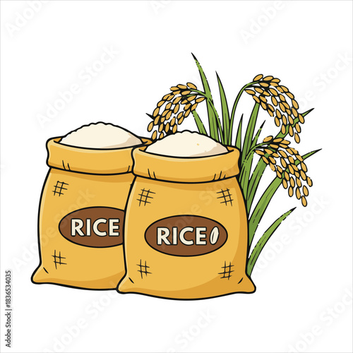 Rice bags and golden paddy stalks cartoon illustration on white Vector