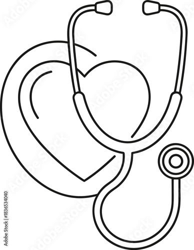 Heart and stethoscope line-art illustration symbolizing healthcare, cardiology, medical checkup, heart health, diagnosis, wellness, treatment, and support