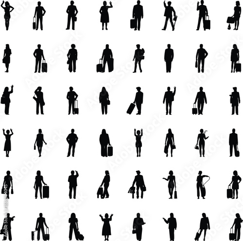 Collection of diverse women silhouettes standing and walking with luggage, bags and accessories, showing various travel and commuting poses for design