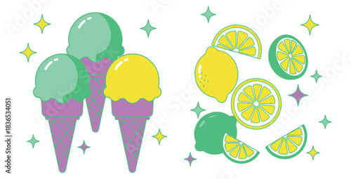 Pastel ice cream cones and citrus fruits with sparkling stars on a white background art