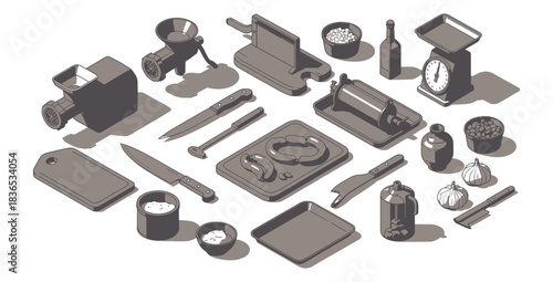 Isometric illustration of sausage making equipment and ingredients on a white background