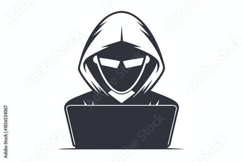 Masked hacker joyfully holds stolen USB while operating laptop for data theft