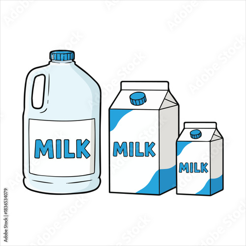 Milk gallon jug and cartons various sizes beverage food Vector
