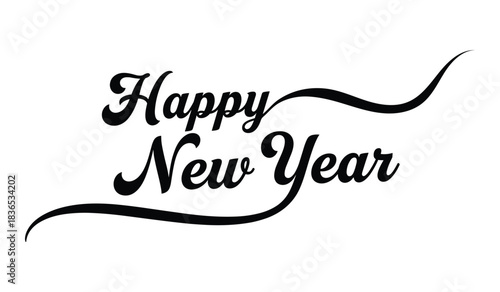 Happy New Year Script Text with Swirls on White Background Keywords: happy new year, text, lettering, calligraphy, script, font, celebration, greeting, holiday, event, festive, announcement