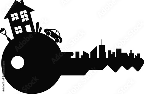 real, estate, key, home, city, skyline, property, silhouette, house, car, urban, buildings, ownership, concept, investment, housing, architecture, symbol