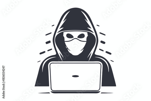 A hooded figure wears a mask, giving a minimalist and ominous impression