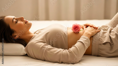 Peaceful woman in beige loungewear with a pink rose on her abdomen, representing women's health, menstrual care, menopause, and mindful self-care.
