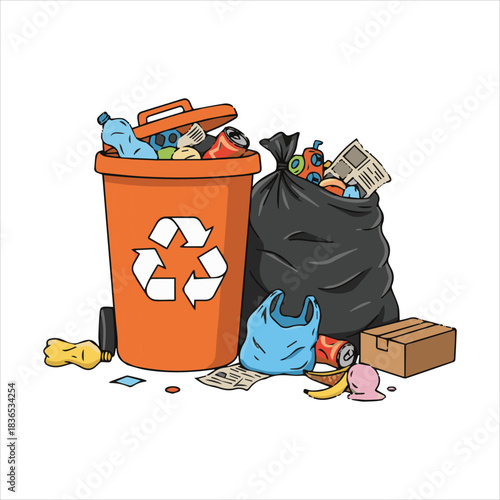Overfilled recycling bin, full trash bag, and scattered waste Vector