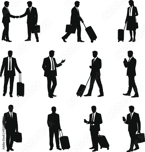 Silhouette business travelers walking with luggage, corporate professionals commuting, handshake meeting, airport journey, modern business mobility illustration