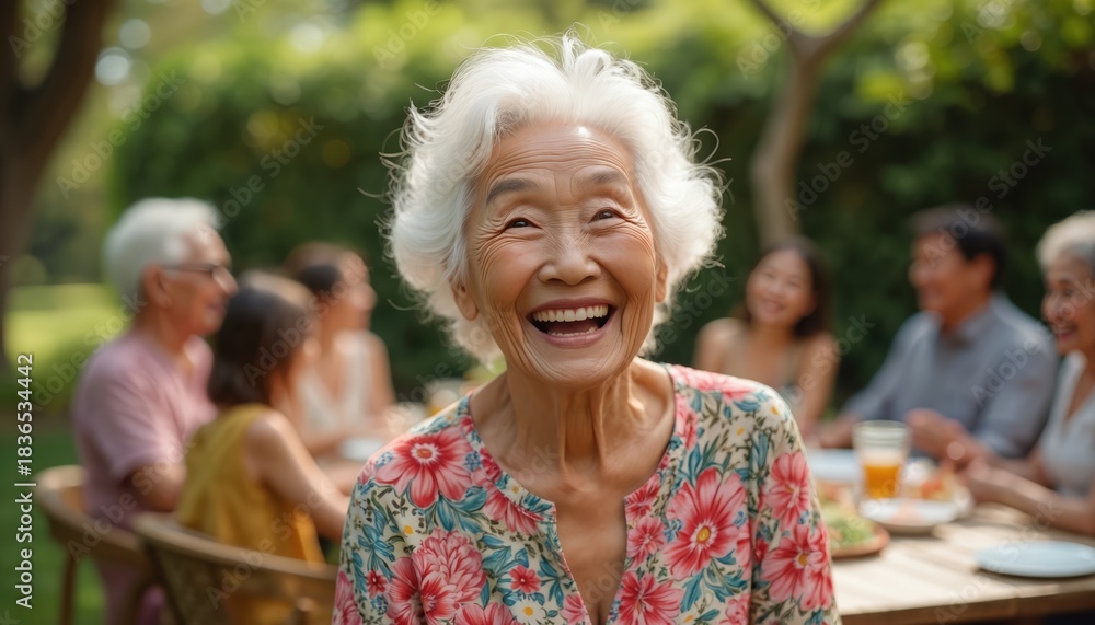 Naklejka premium Elderly Asian woman laughs joyfully at an outdoor family gathering. People eat food and talk at a table in a sunny garden setting. Intergenerational bonding and happy senior lifestyle.