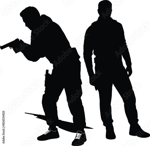 silhouettes, armed, figures, tactical, stance, security, personnel, weapon, readiness, action, posture, defense, patrol, danger, operation, strategy, protection, scenario