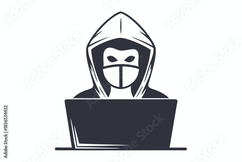 Masked thief steals data using a USB drive from a laptop computer
