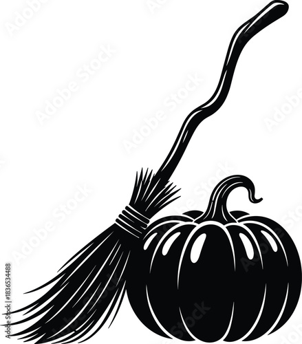 Halloween witch's broom and pumpkin black silhouette
