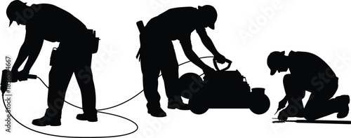 silhouettes, workers, construction, tools, labor, equipment, repair, industry, handyman, drilling, cutting, kneeling, maintenance, job, task, workforce, occupation, action