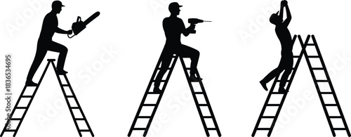 silhouettes, workers, ladders, tools, construction, maintenance, repair, safety, handyman, equipment, labor, industry, DIY, occupation, roofing, carpentry, job, task