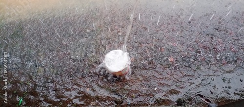 rainwater from the house gutter into the container, creating splashes and foam overflows