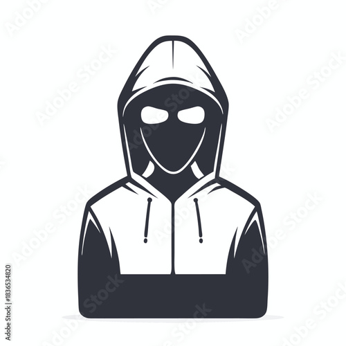 Anonymous figure with hooded jacket hides face in the black and white silhouette