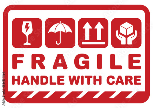 Fragile Handle with Care Sticker, red warning label for delivery packages, featuring side-up symbol, broken glass icon, vector design, safety markings, and protective shipping instructions for fragile