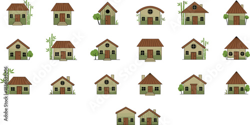 Collection of small rustic houses with greenery and natural elements, cozy cottage designs, eco-friendly home illustration set, decorative architectural icons for creative projects