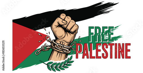 Fist breaking chains with free palestine text and palestine flag for solidarity support