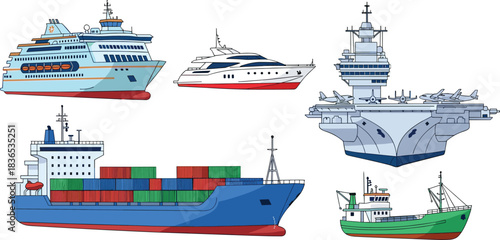 Collection of various ships and boats, including cruise liner, luxury yacht, aircraft carrier, cargo container ship, fishing vessel, detailed maritime transportation illustration for commercial use