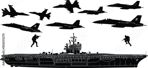 Military silhouettes of fighter jets soldiers and aircraft carrier in dramatic combat formation detailed navy war concept illustration for global defense themed stock content