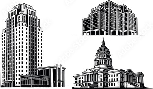 Detailed architectural building illustrations featuring skyscraper, modern office complex and classic capitol structure, high quality black and white city landmark design for stock use