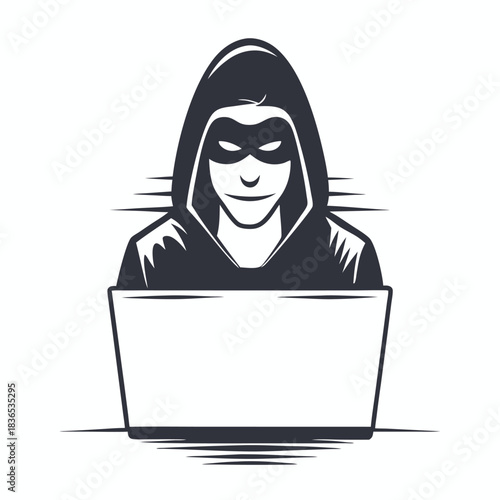 Dark silhouette of a hooded hacker using laptop for digital espionage activities on internet